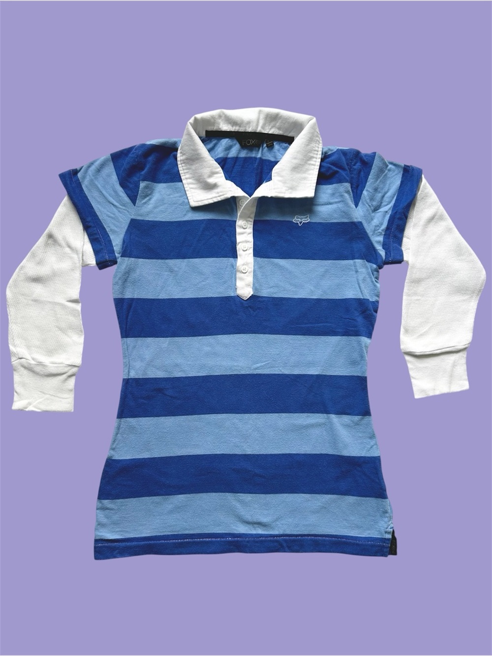 Vintage Y2K Fox Riders Co. Polo Long Sleeve Striped Shirt Baby Doll Blue Medium